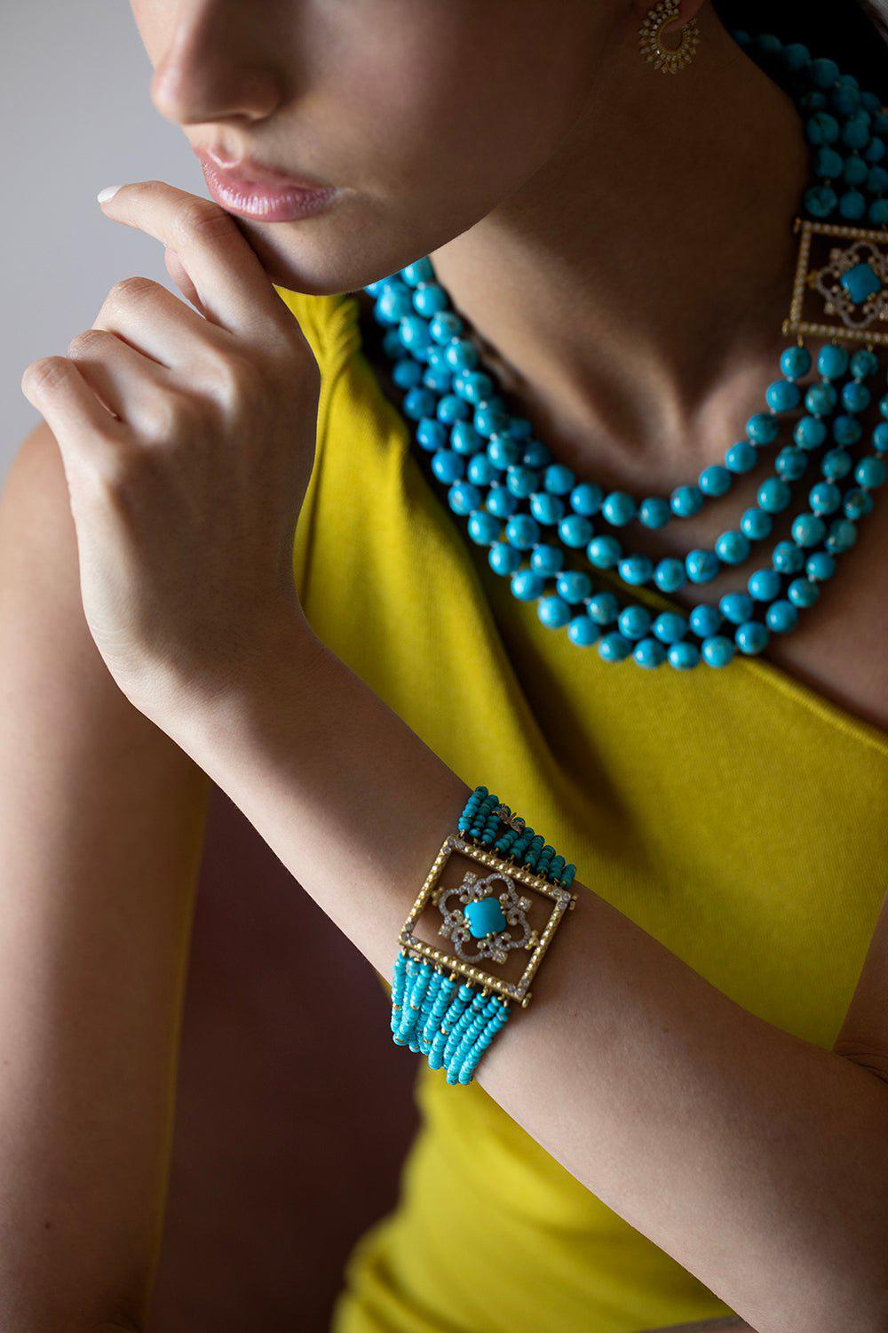 TANYA FARAH-Turquoise Beaded Dragonfly Bracelet-YELLOW GOLD
