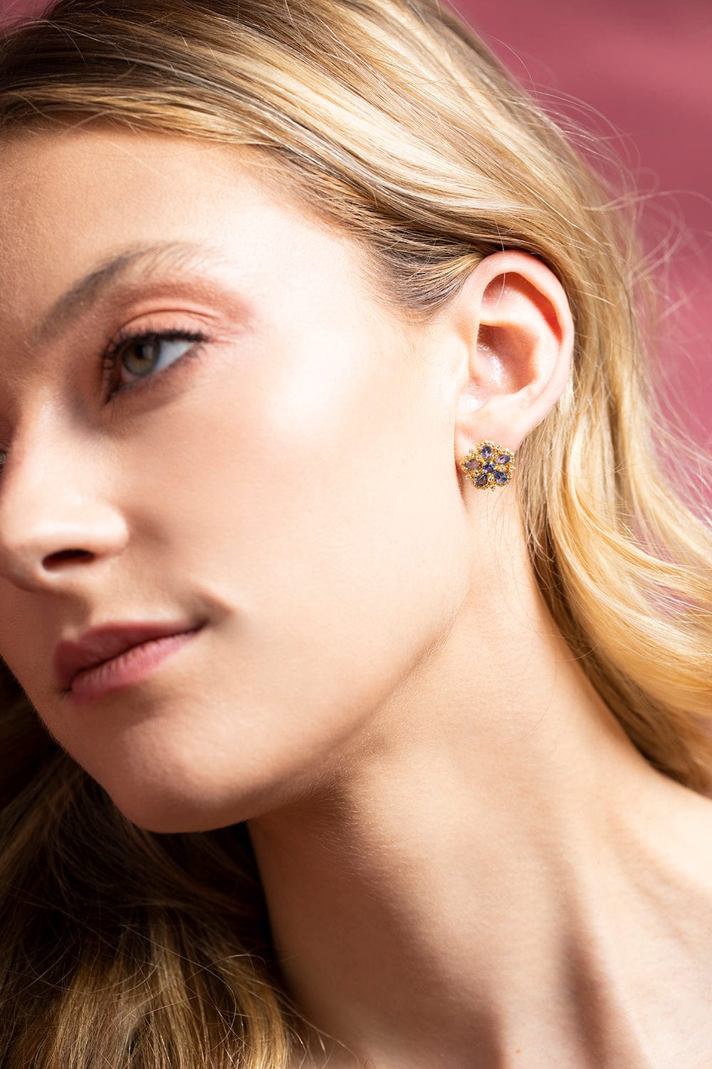 TANYA FARAH-Ceylon Sapphire and Diamond Flower Earrings-YELLOW GOLD