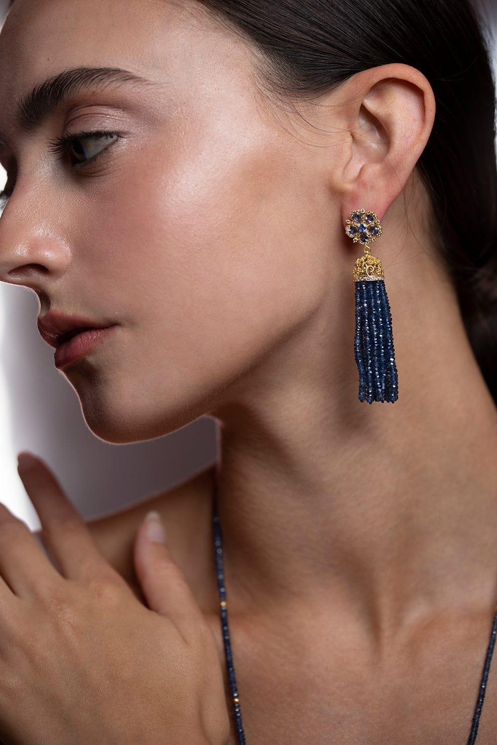 TANYA FARAH-Ceylon Sapphire Tassel Earrings-YELLOW GOLD