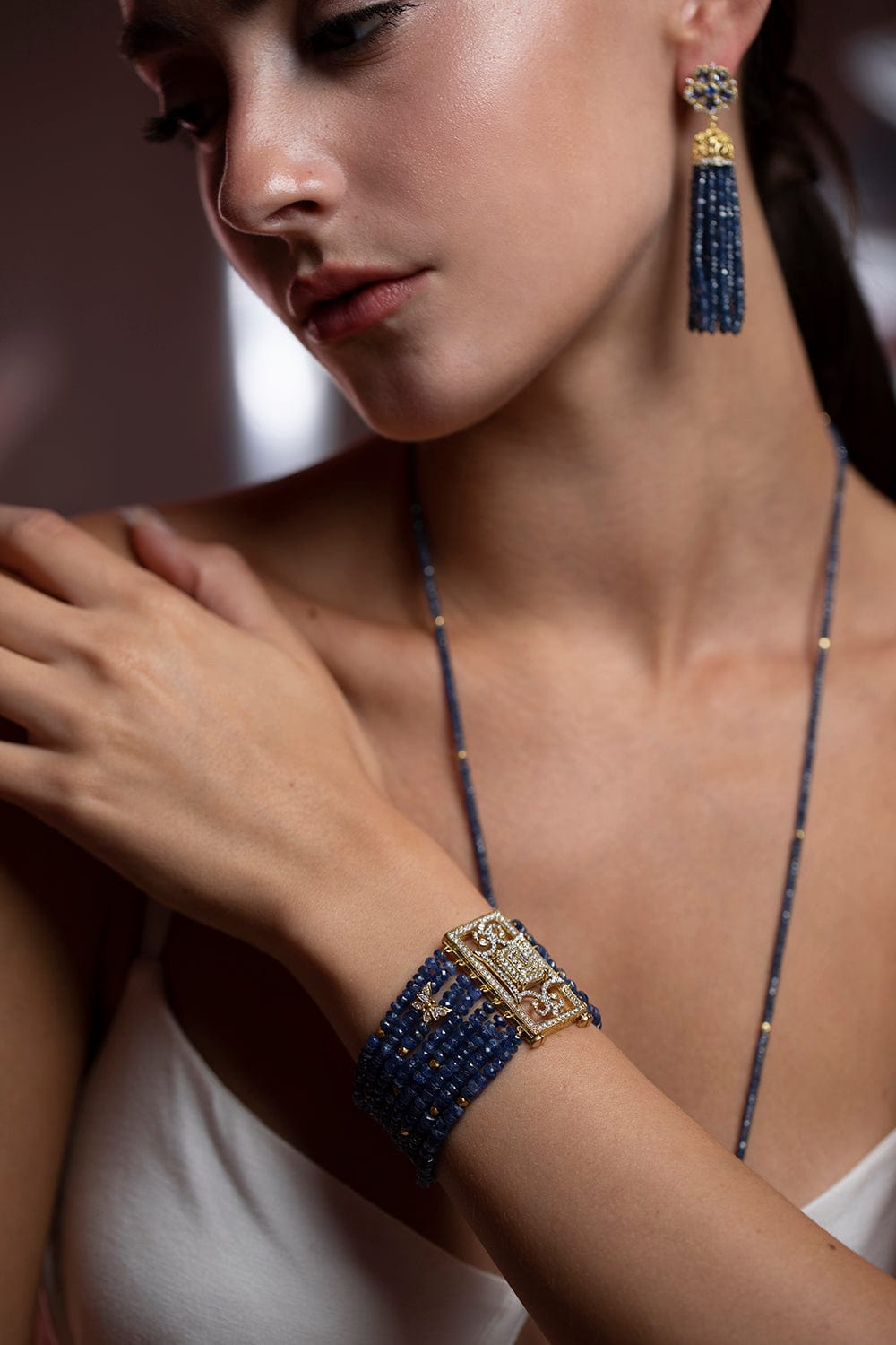 TANYA FARAH-Ceylon Sapphire Tassel Earrings-YELLOW GOLD