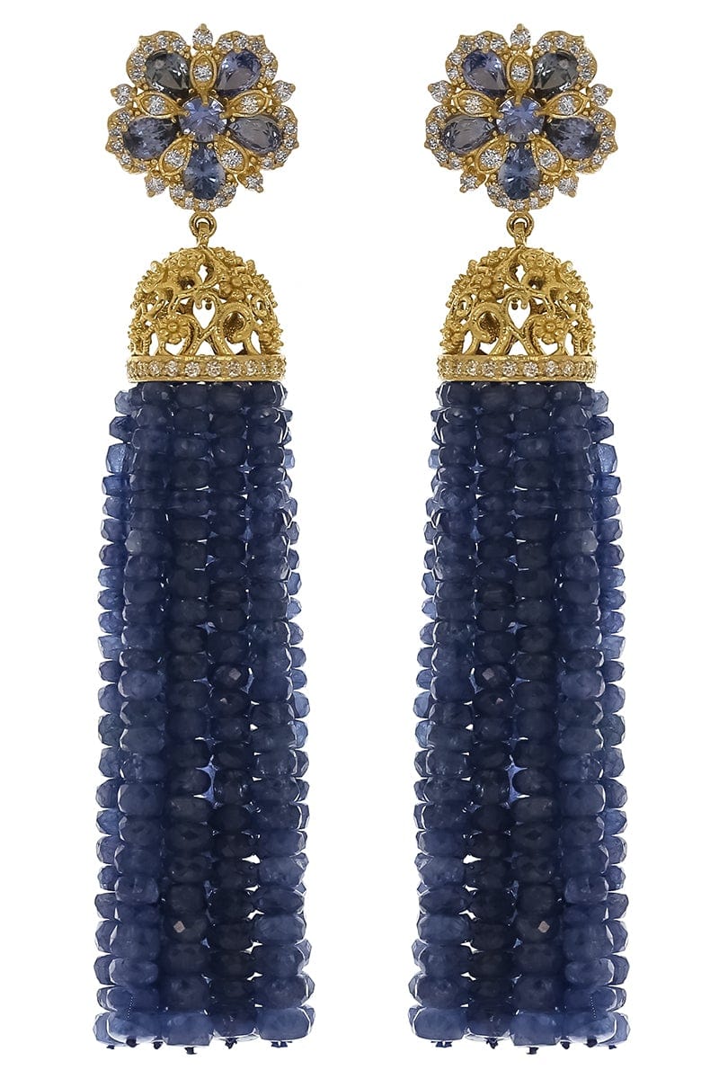 TANYA FARAH-Ceylon Sapphire Tassel Earrings-YELLOW GOLD