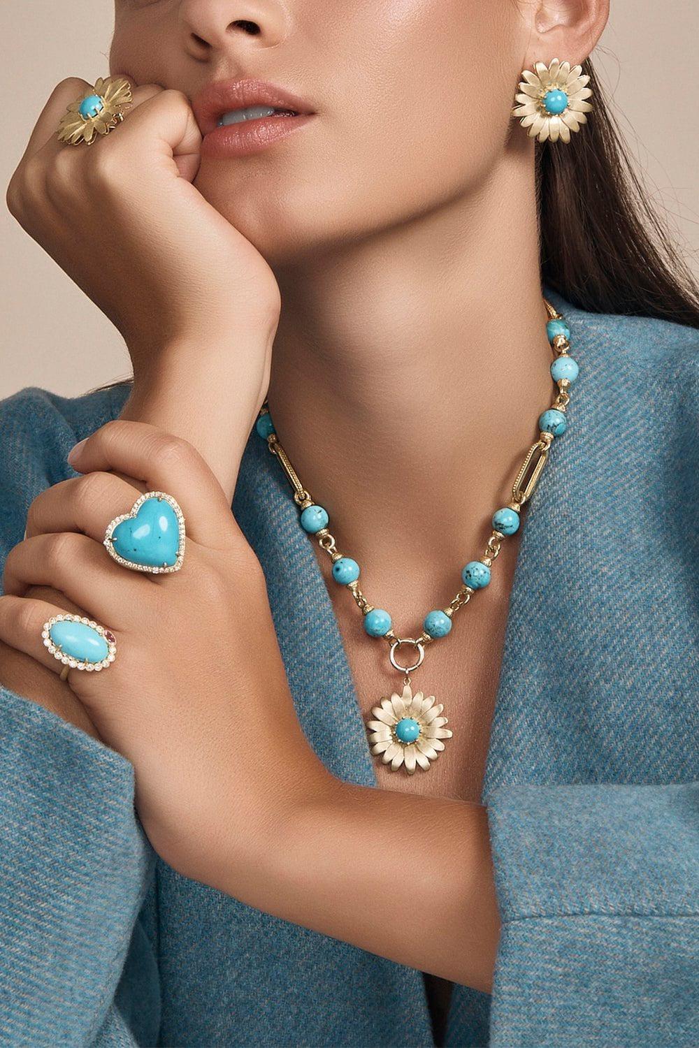 TANYA FARAH-Daisy Turquoise Large Stud Earrings-YELLOW GOLD