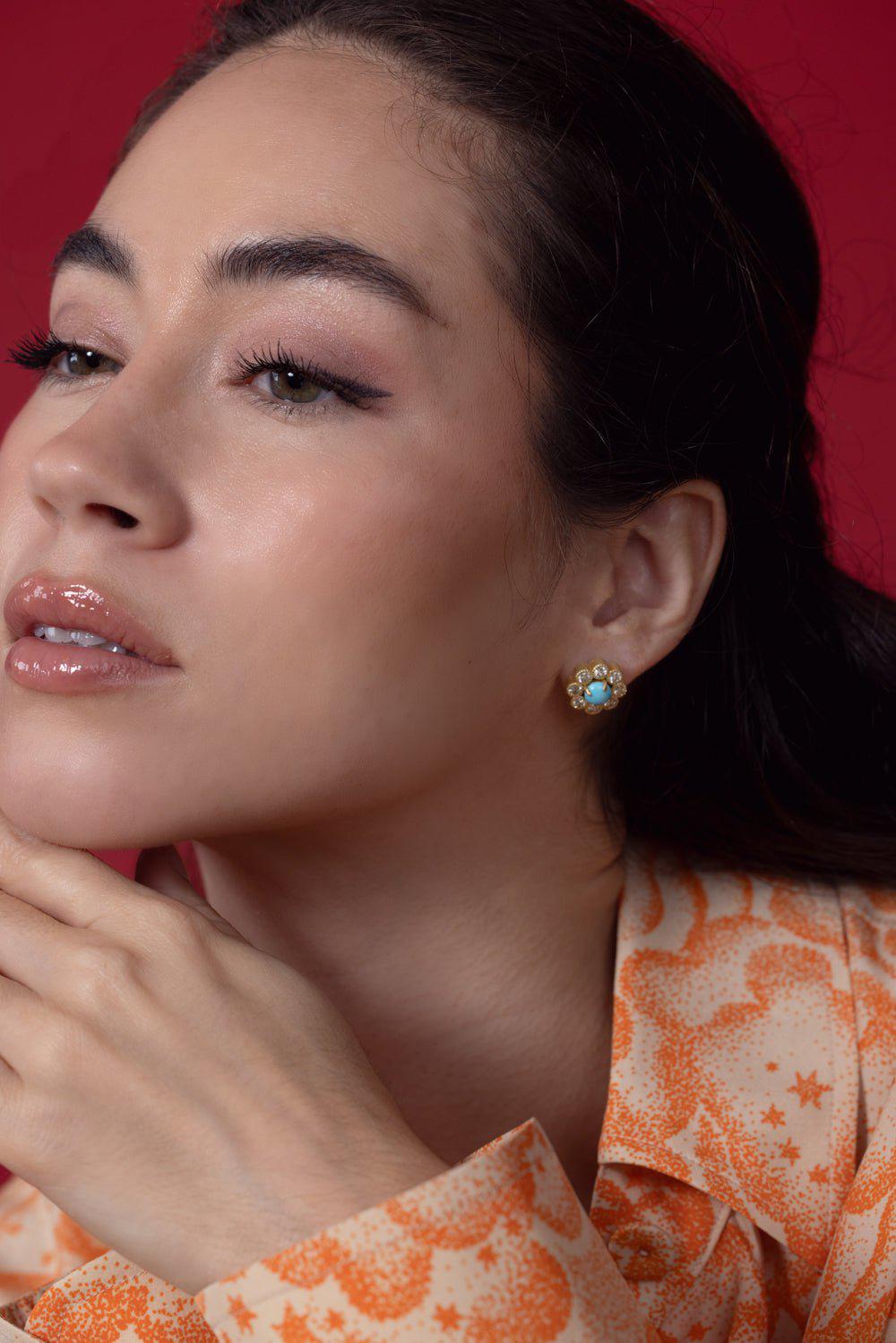 TANYA FARAH-Daisy Turquoise Large Stud Earrings-YELLOW GOLD
