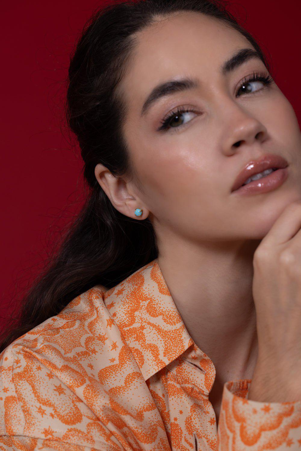 TANYA FARAH-Daisy Turquoise Large Stud Earrings-YELLOW GOLD