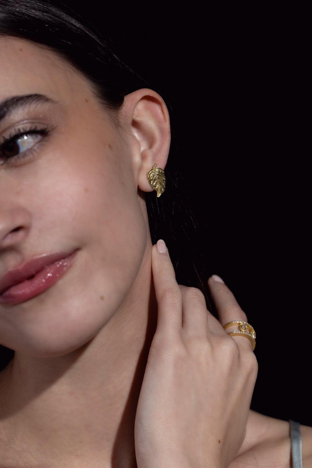 TANYA FARAH-Diamond Leaf Stud Earrings-YELLOW GOLD
