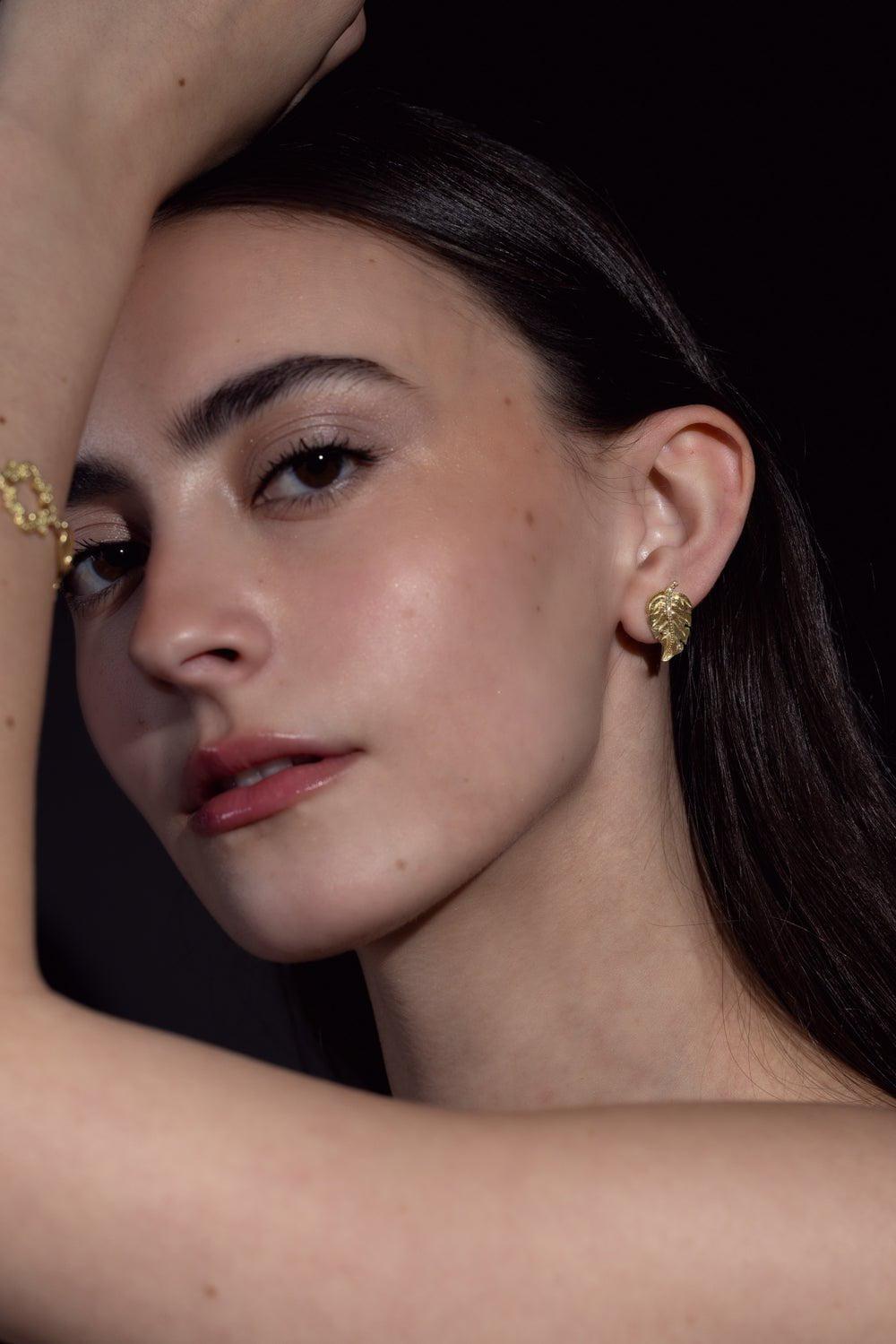 TANYA FARAH-Diamond Leaf Stud Earrings-YELLOW GOLD
