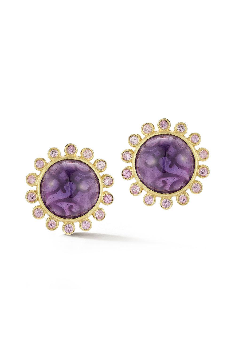 Modern Etruscan Sapphire Diamond Sunburst Amethyst Earrings-YELLOW GOLD-JEWELRYFINE JEWELEARRING-TANYA FARAH