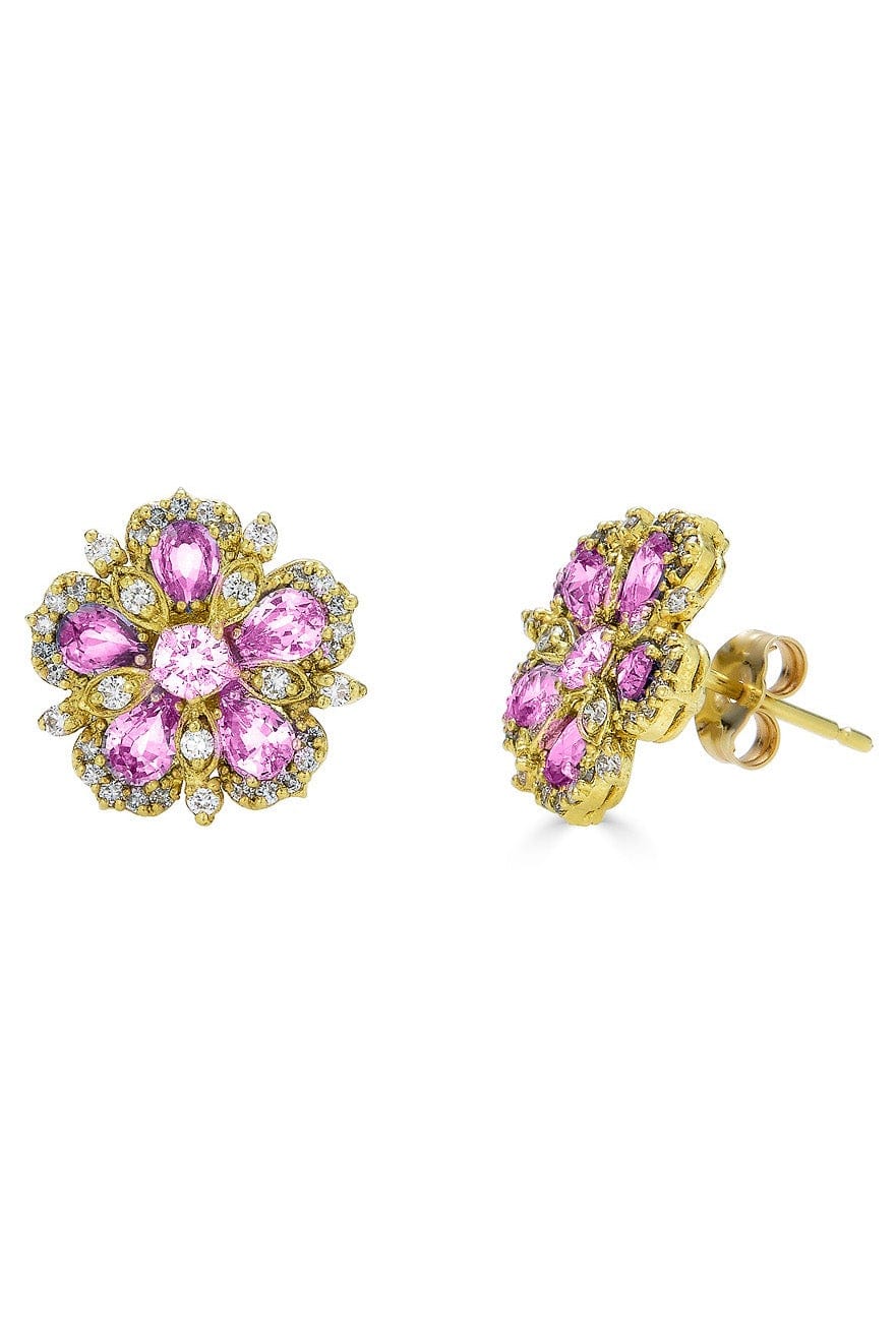 TANYA FARAH-Pink Sapphire and Diamond Flower Earrings-YELLOW GOLD