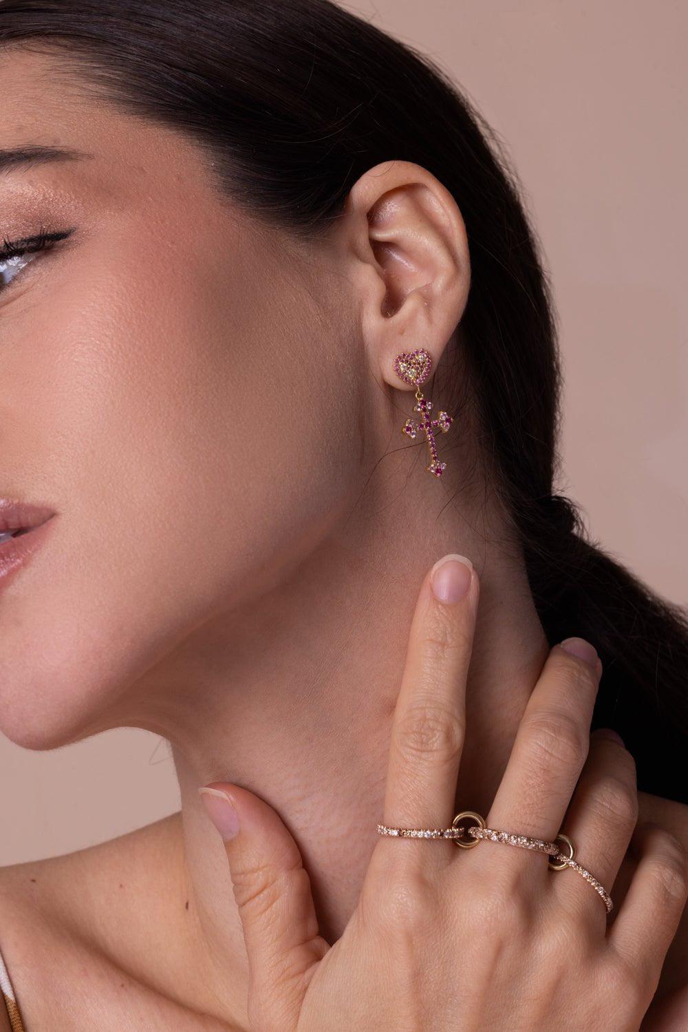 TANYA FARAH-Pink Sapphire Cross Earrings-YELLOW GOLD