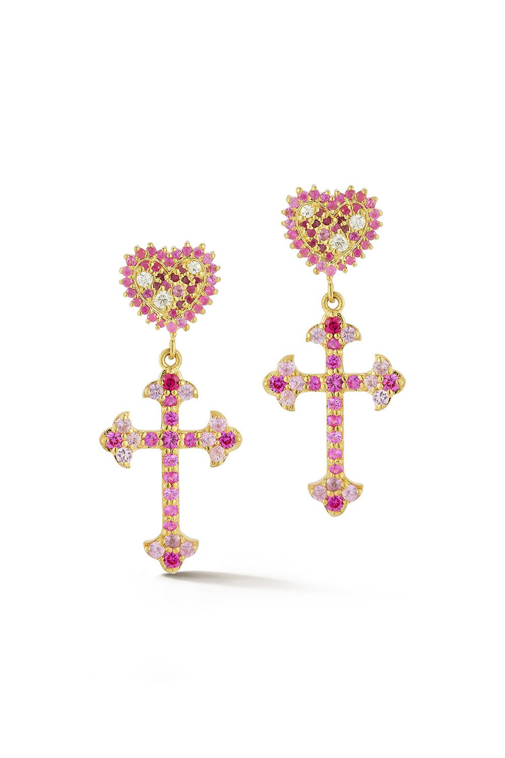 TANYA FARAH-Pink Sapphire Cross Earrings-YELLOW GOLD