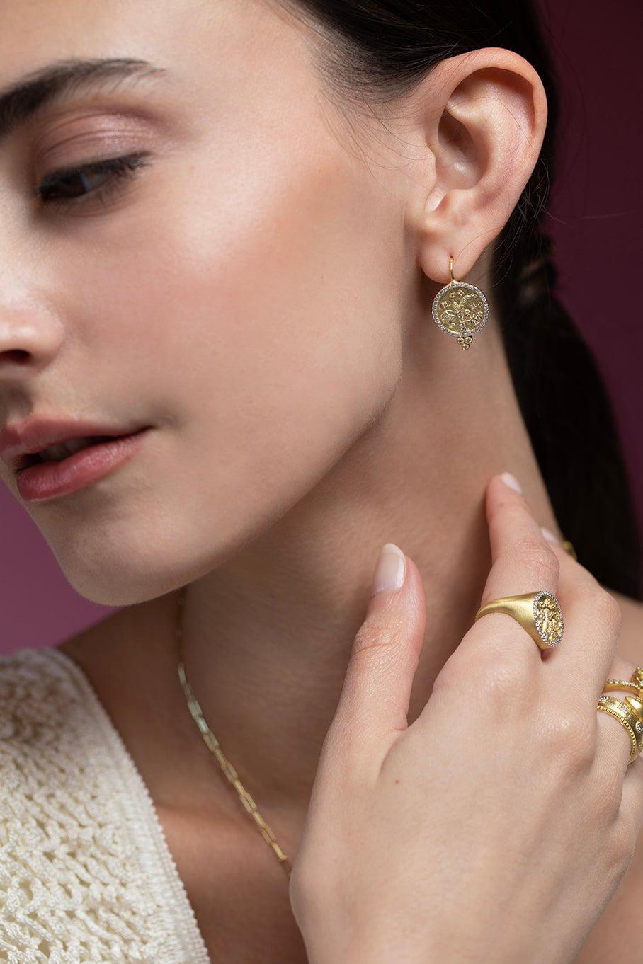 TANYA FARAH-Tree of Life Diamond Disc Drop Earrings-YELLOW GOLD