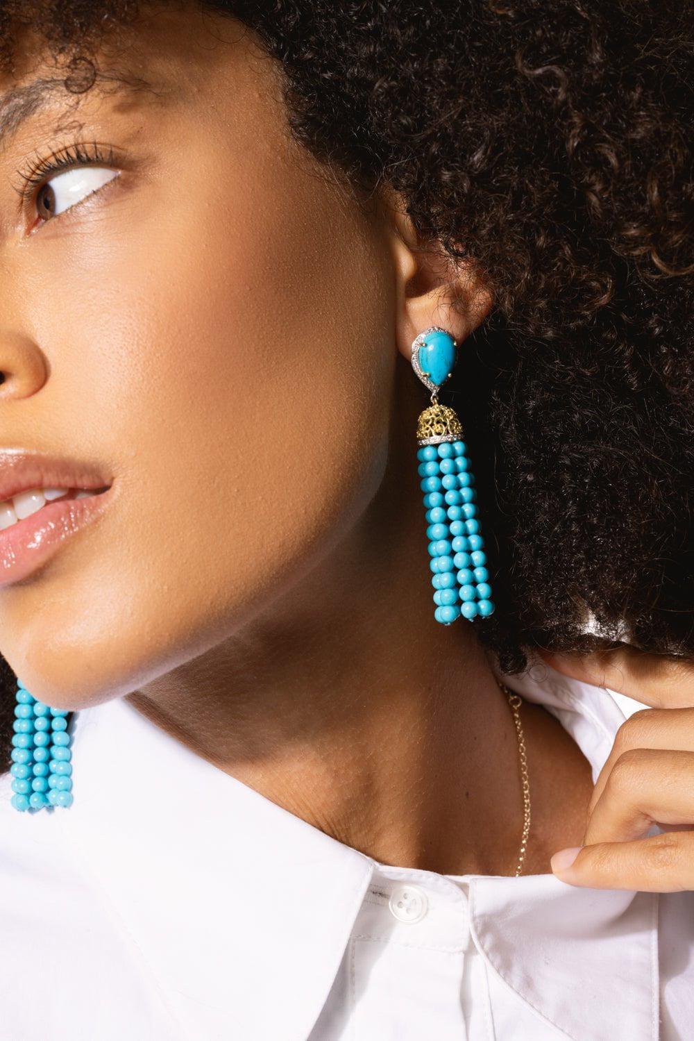 TANYA FARAH-White Diamond Turquoise Tassel Earrings-YELLOW GOLD