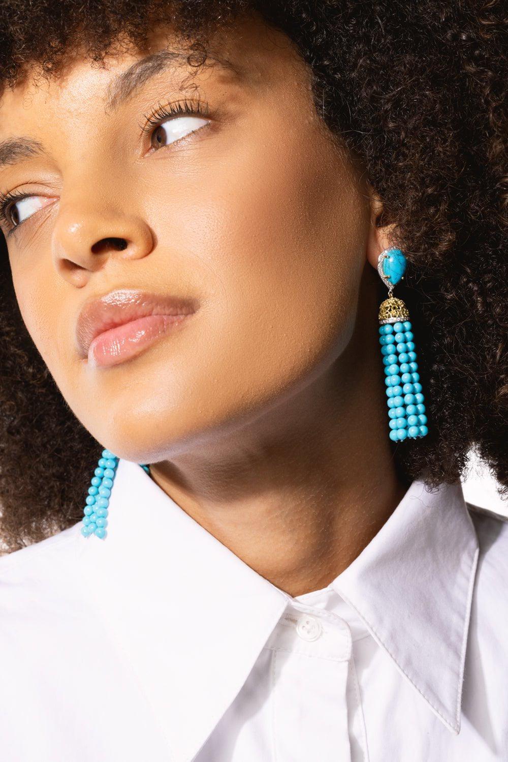TANYA FARAH-White Diamond Turquoise Tassel Earrings-YELLOW GOLD