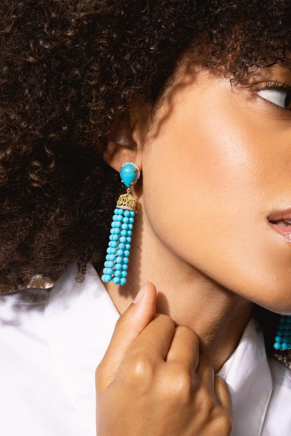 TANYA FARAH-White Diamond Turquoise Tassel Earrings-YELLOW GOLD
