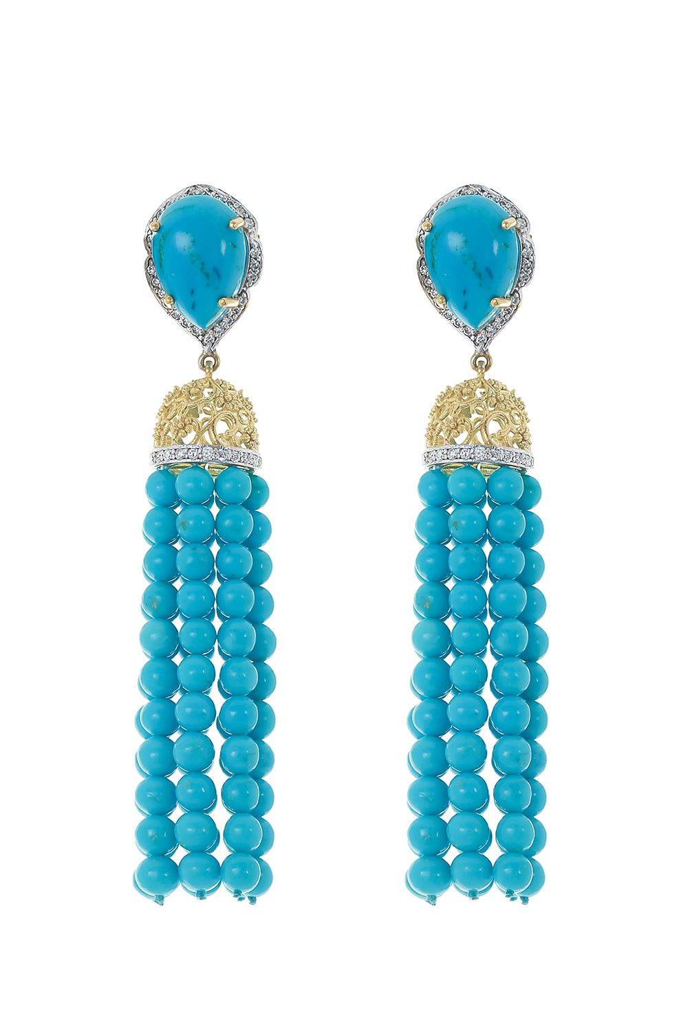 TANYA FARAH-White Diamond Turquoise Tassel Earrings-YELLOW GOLD