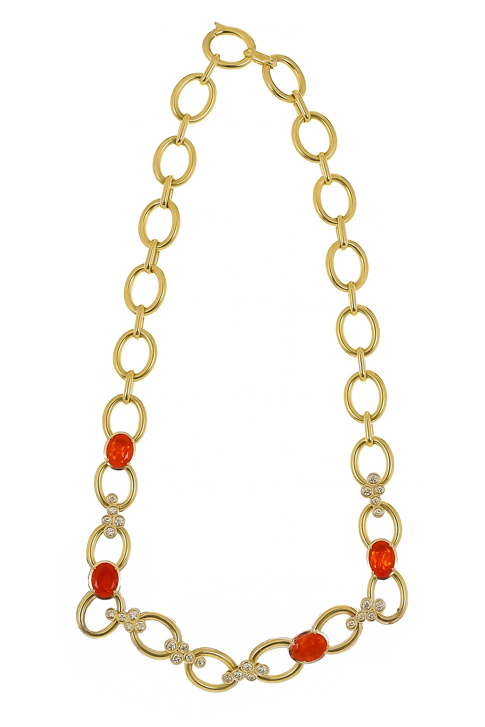Fire Opal Diamond Cluster Link Necklace-YELLOW GOLD-17-JEWELRYFINE JEWELNECKLACE O-TANYA FARAH