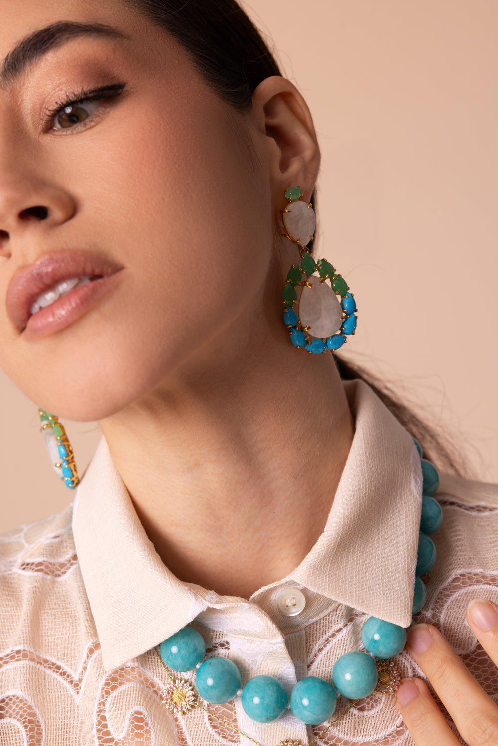 TANYA FARAH-Modern Etruscan Amazonite Beaded Necklace-YELLOW GOLD