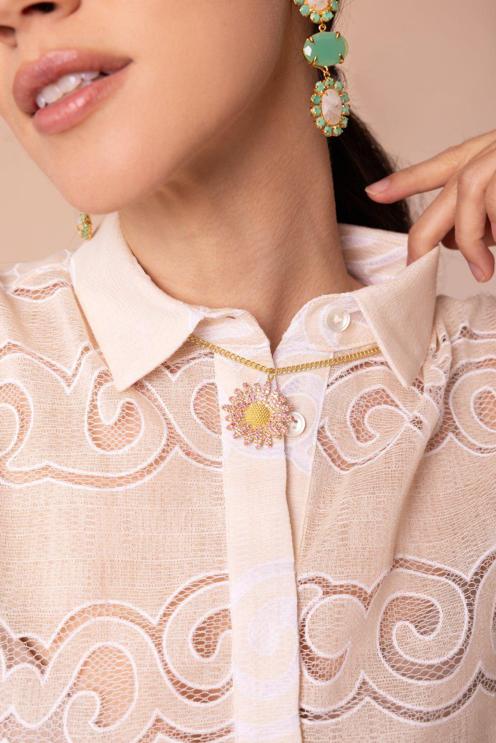 TANYA FARAH-Pink Sapphire Daisy Necklace-YELLOW GOLD