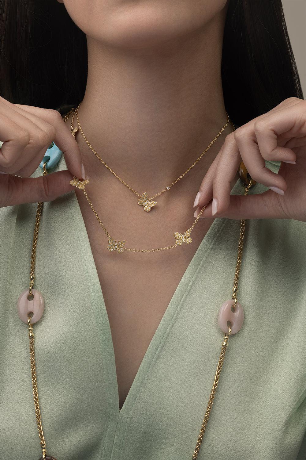 Five Station Diamond Butterfly Necklace-YELLOW GOLD-JEWELRYFINE JEWELNECKLACE O-TANYA FARAH