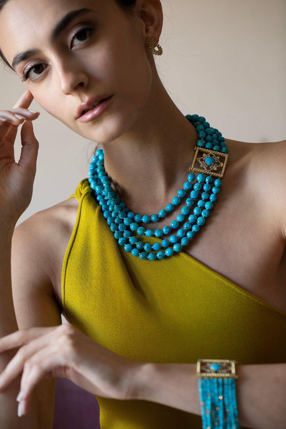 TANYA FARAH-Imperial Square Turquoise Beaded Necklace-YELLOW GOLD