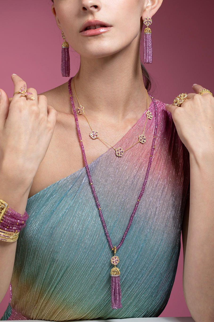 TANYA FARAH-Jasmine Bloom Pink Sapphire & Diamond 5 Station Flower Necklace-YELLOW GOLD