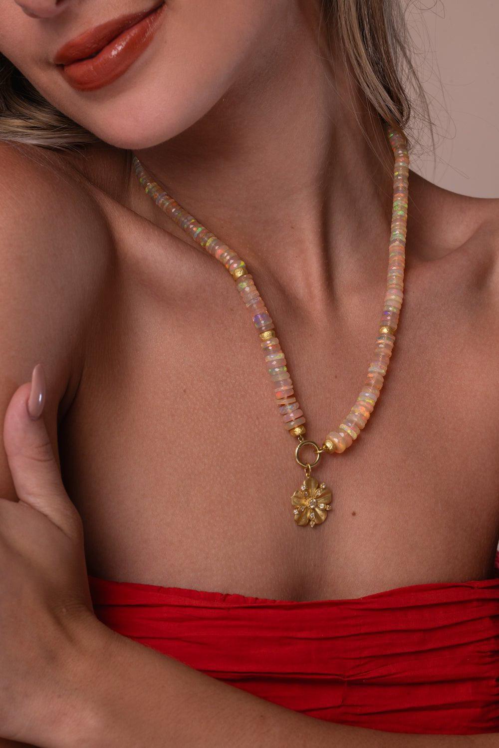 TANYA FARAH-Jasmine Bloom Tala Opal Beaded Flower Pendant-YELLOW GOLD