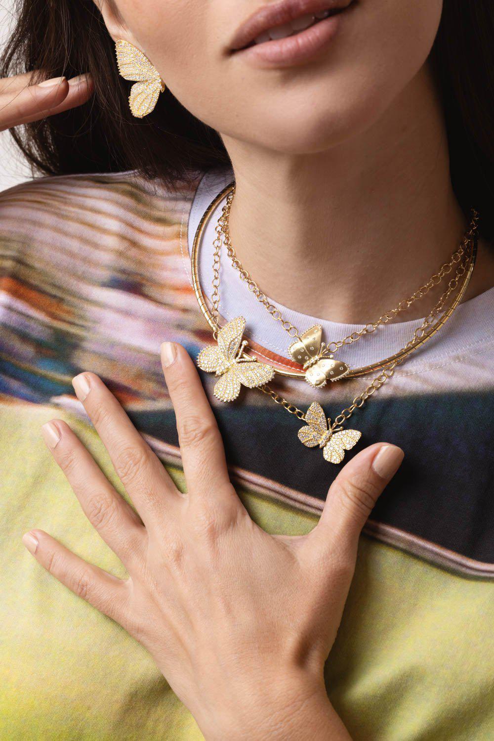 TANYA FARAH-Large Diamond Butterfly Half Wing Necklace-YELLOW GOLD