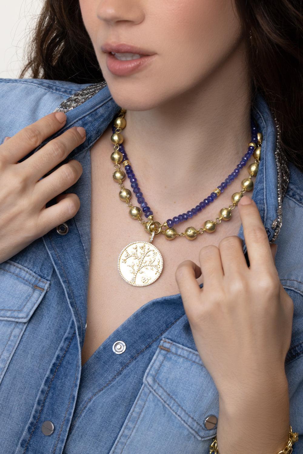 Modern Etruscan Tazanite Beaded Necklace-YELLOW GOLD-JEWELRYFINE JEWELNECKLACE O-TANYA FARAH
