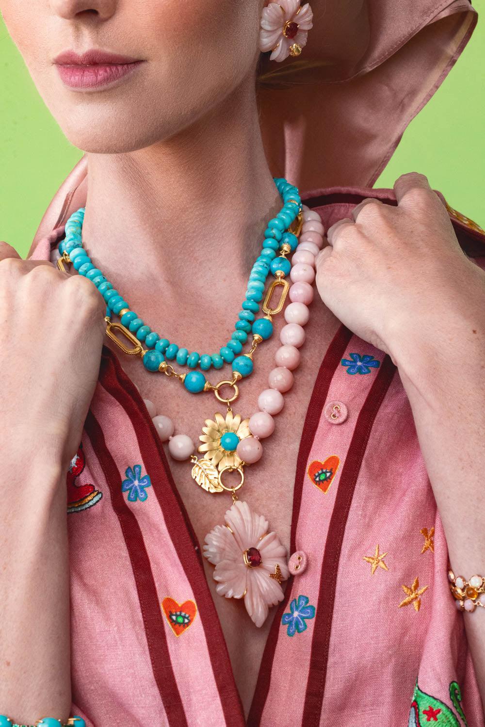 TANYA FARAH-Opal Beaded Flower Pendant Necklace-YELLOW GOLD