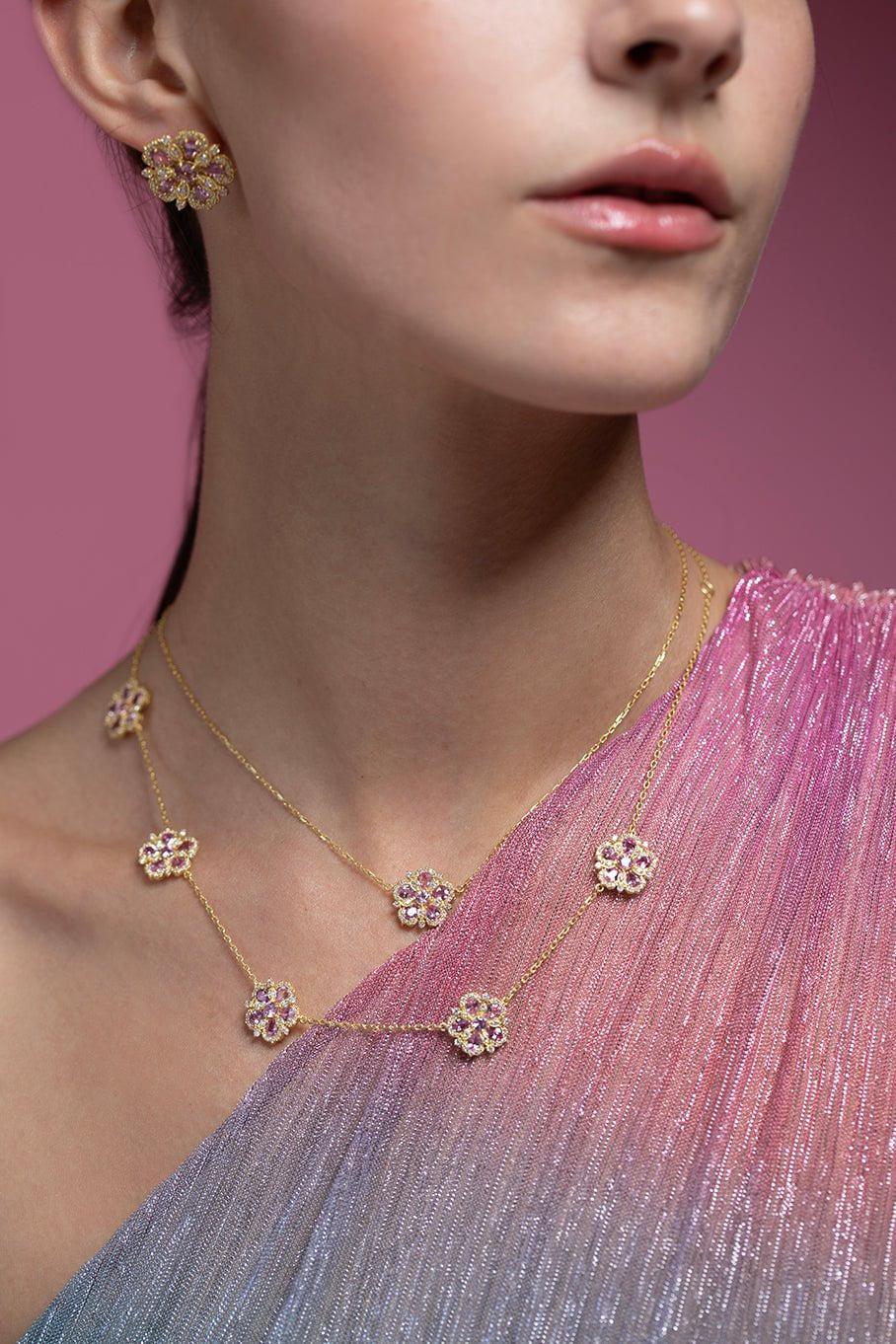TANYA FARAH-Pink Sapphire and Diamond Flower Necklace-YELLOW GOLD