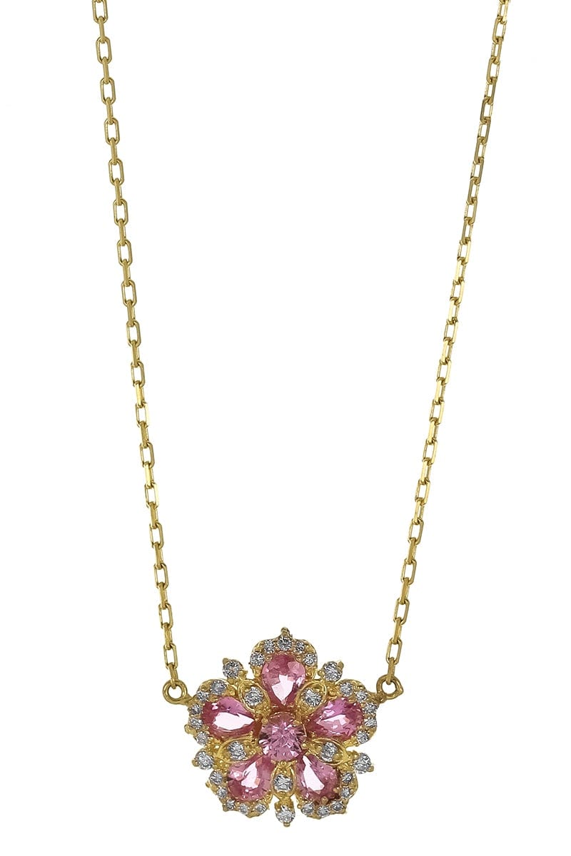 TANYA FARAH-Pink Sapphire and Diamond Flower Necklace-YELLOW GOLD