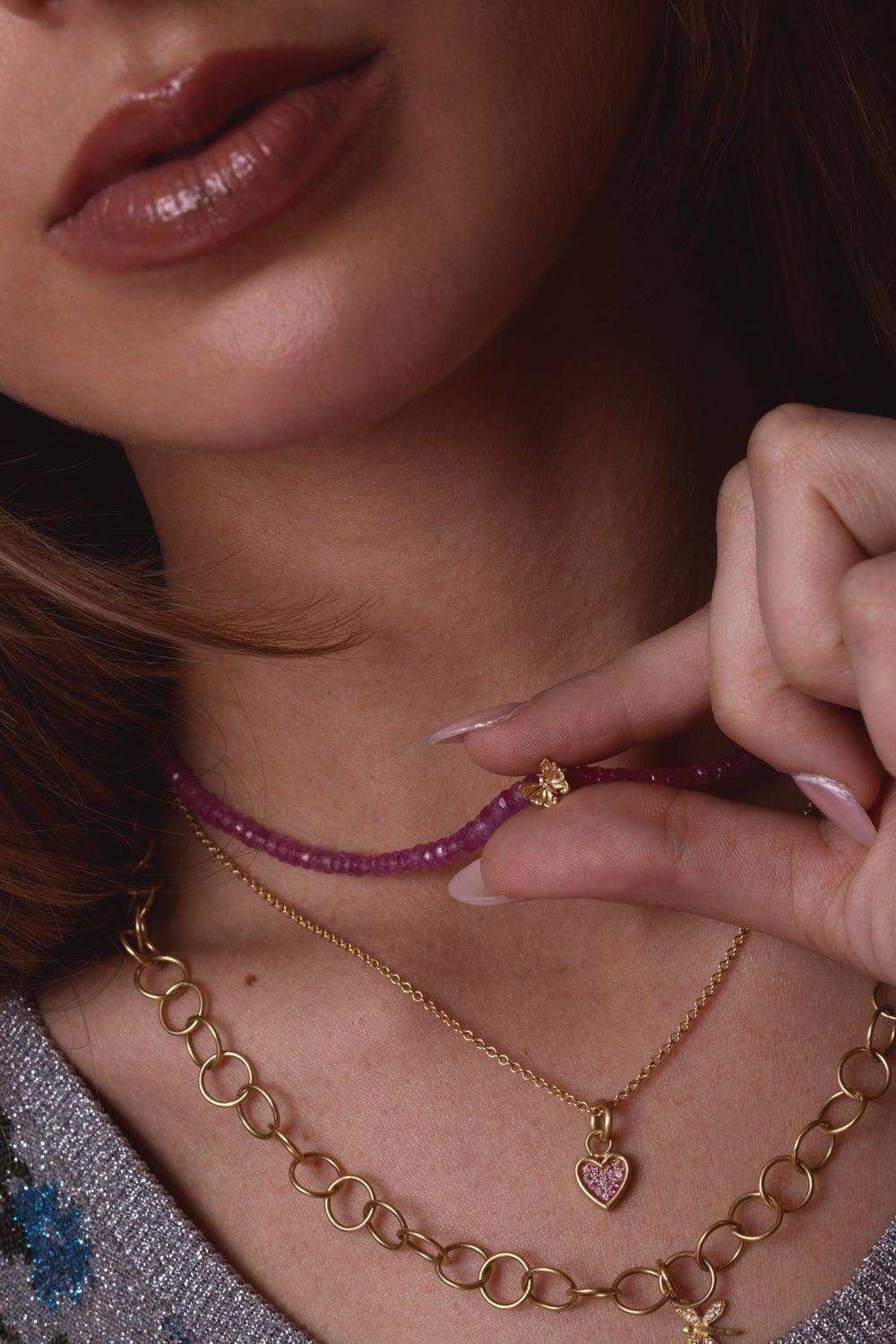 TANYA FARAH-Pink Sapphire Beaded Necklace-YELLOW GOLD
