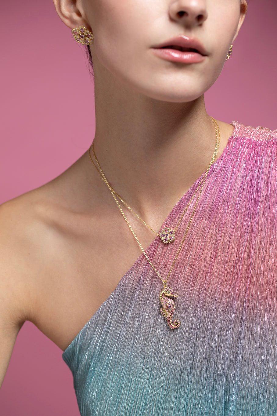 TANYA FARAH-Pink Sapphire & Diamond Seahorse Necklace-YELLOW GOLD