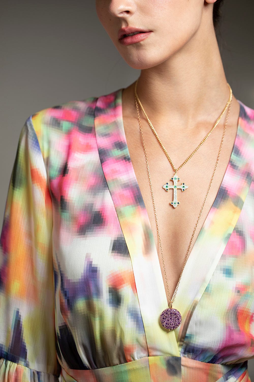 TANYA FARAH-Scroll Cross Pendant Necklace-YELLOW GOLD
