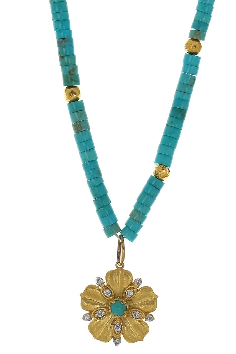 TANYA FARAH-Turquoise Flower Necklace-YELLOW GOLD