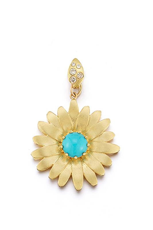 TANYA FARAH-Daisy Turquoise Center Large Charm-YELLOW GOLD