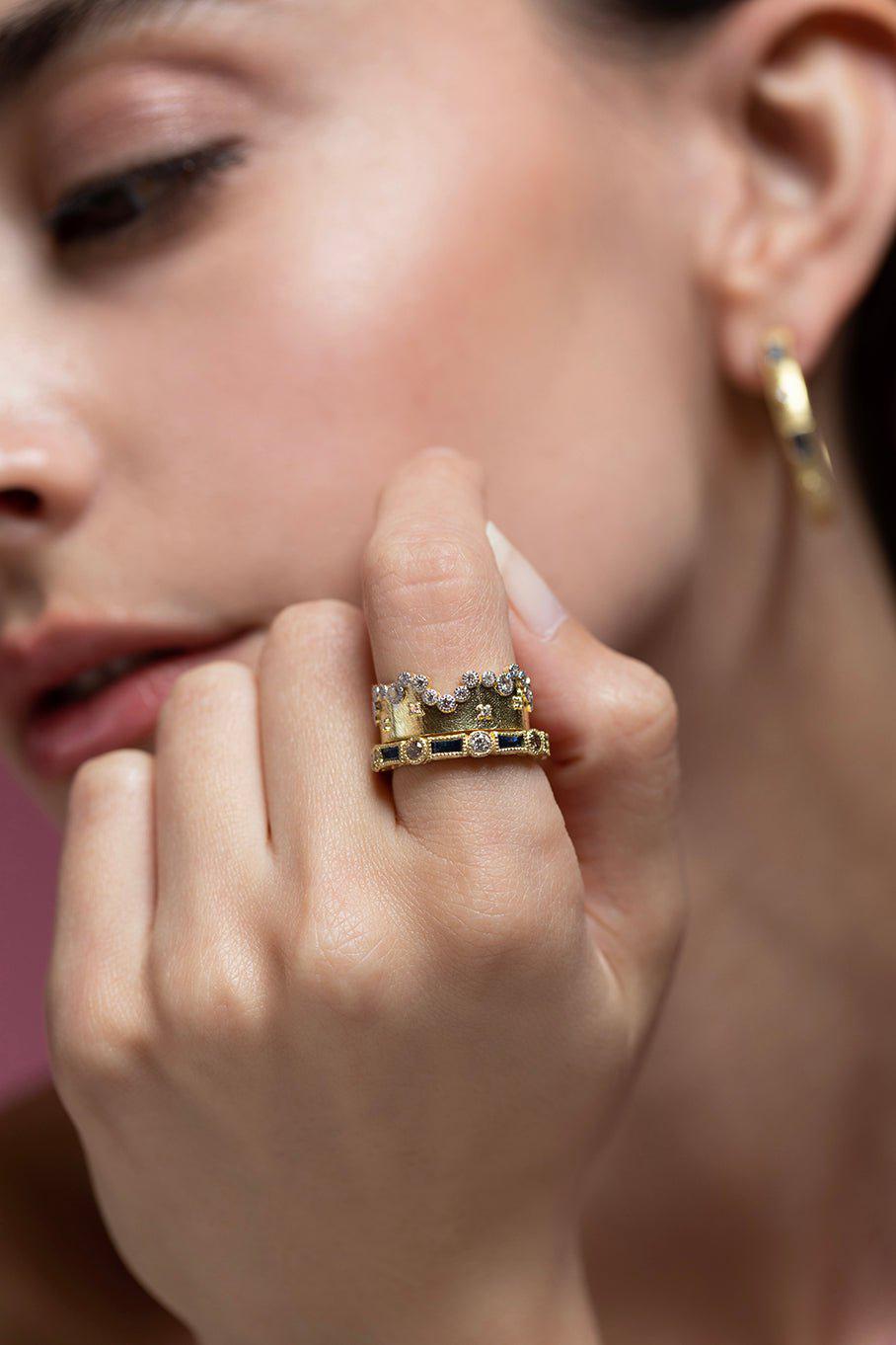 TANYA FARAH-Modern Etruscan Blue Sapphire Baguette & Champagne Diamond Stack Ring-YELLOW GOLD
