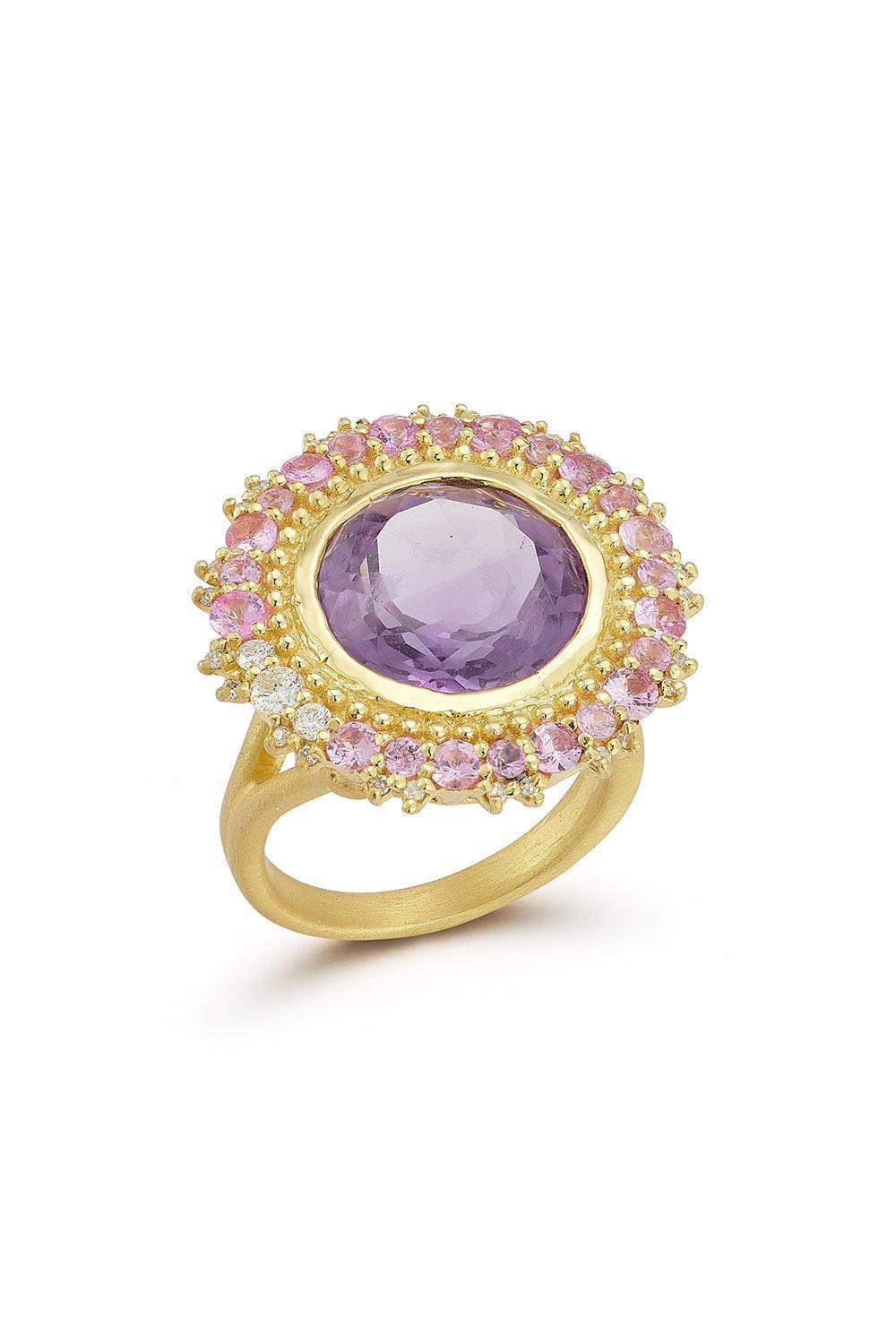 Modern Etruscan Double Sunburst Amethyst Ring-YELLOW GOLD-6-JEWELRYFINE JEWELRING-TANYA FARAH