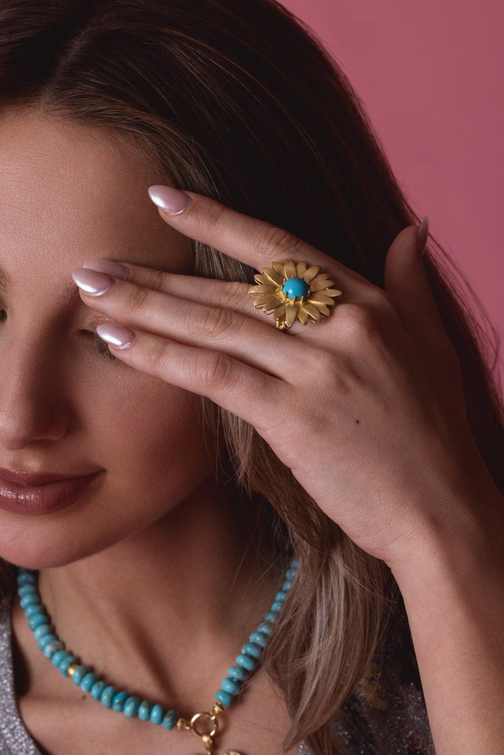 TANYA FARAH-Daisy Turquoise Ring-YELLOW GOLD
