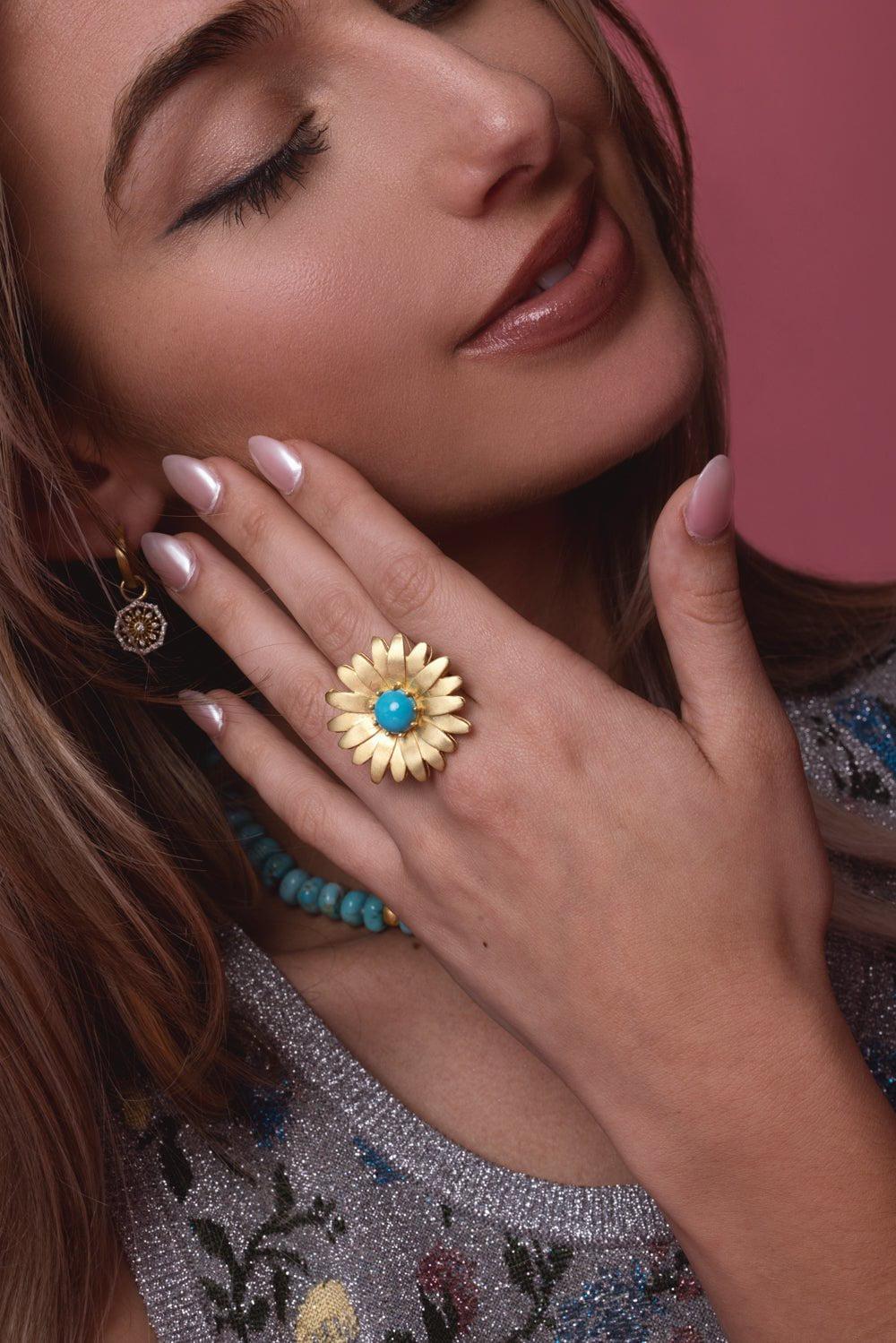 TANYA FARAH-Daisy Turquoise Ring-YELLOW GOLD