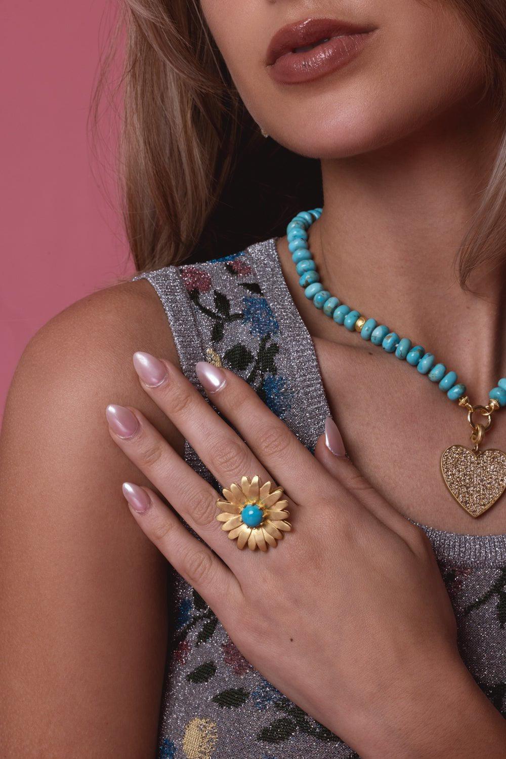 TANYA FARAH-Daisy Turquoise Ring-YELLOW GOLD