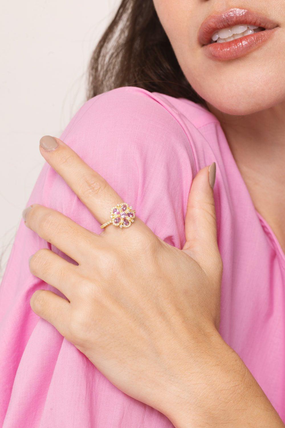 TANYA FARAH-Jasmine Bloom Pink Sapphire Diamond Ring-YELLOW GOLD