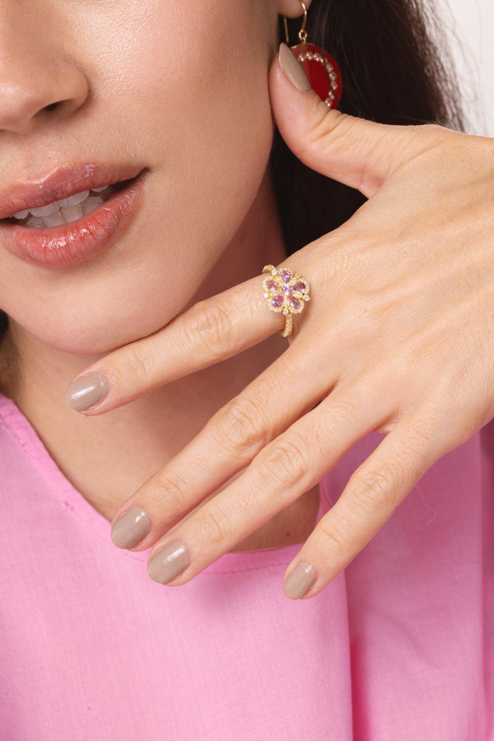 TANYA FARAH-Jasmine Bloom Pink Sapphire Diamond Ring-YELLOW GOLD