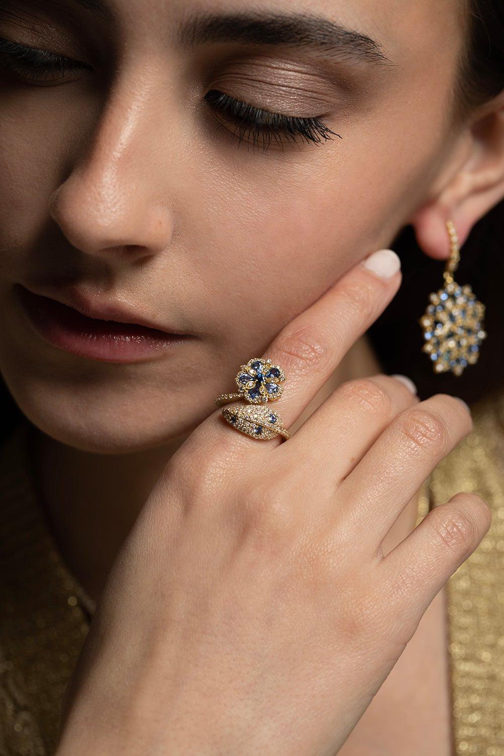 TANYA FARAH-Ceylon Sapphire Flower and Leaf Wrap Ring-YELLOW GOLD