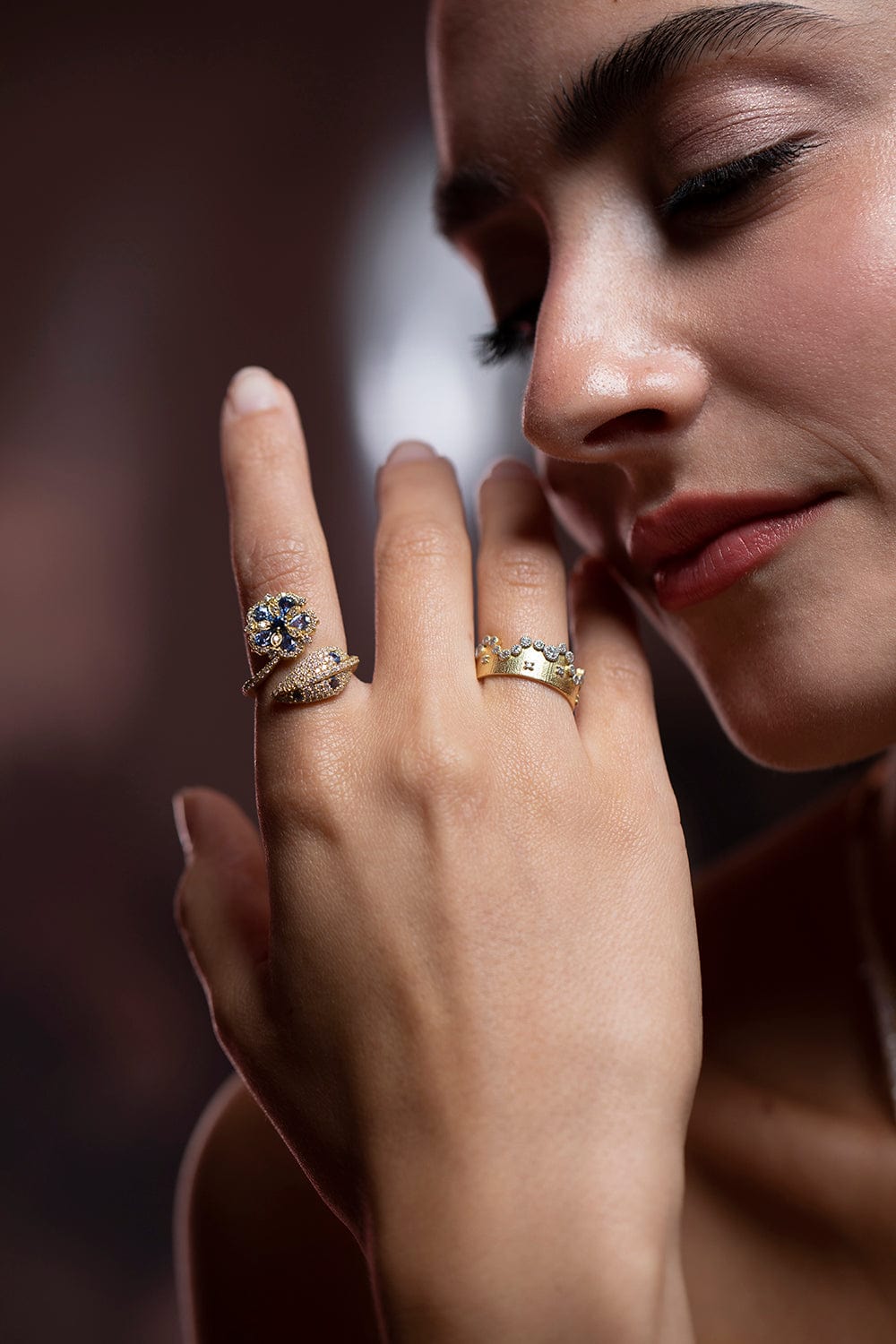 TANYA FARAH-Ceylon Sapphire Flower and Leaf Wrap Ring-YELLOW GOLD