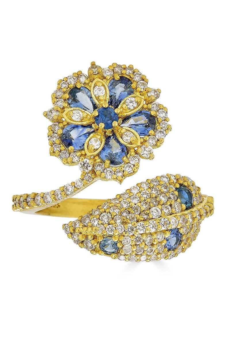 TANYA FARAH-Ceylon Sapphire Flower and Leaf Wrap Ring-YELLOW GOLD