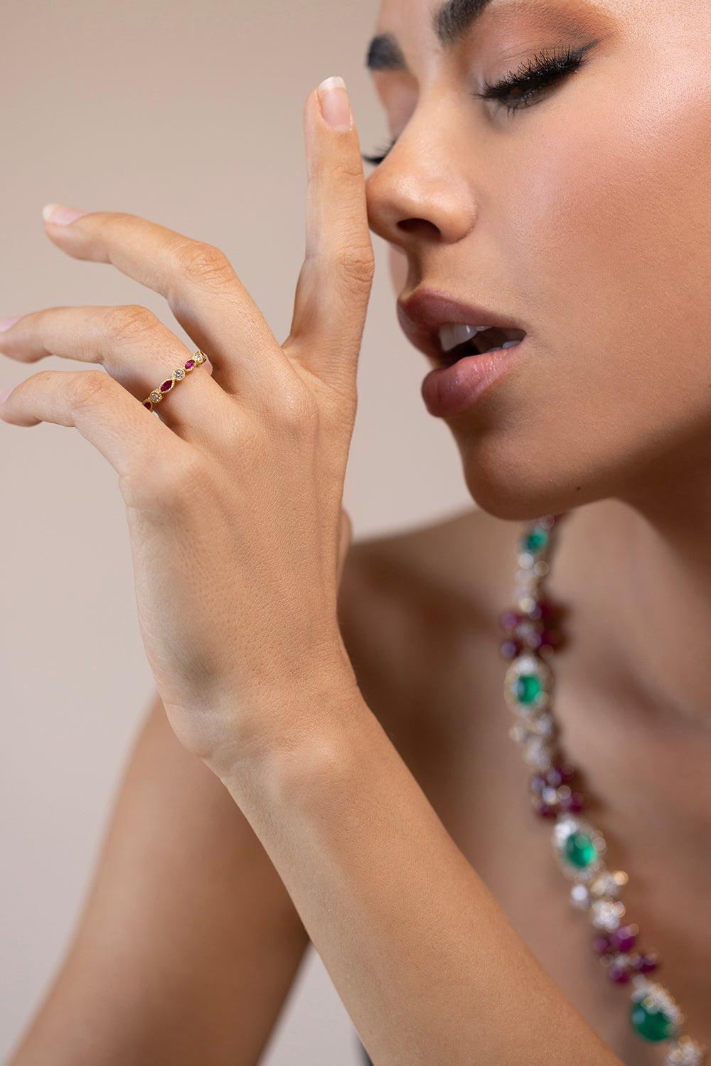 TANYA FARAH-Ruby Marquise Diamond Stack Ring-YELLOW GOLD