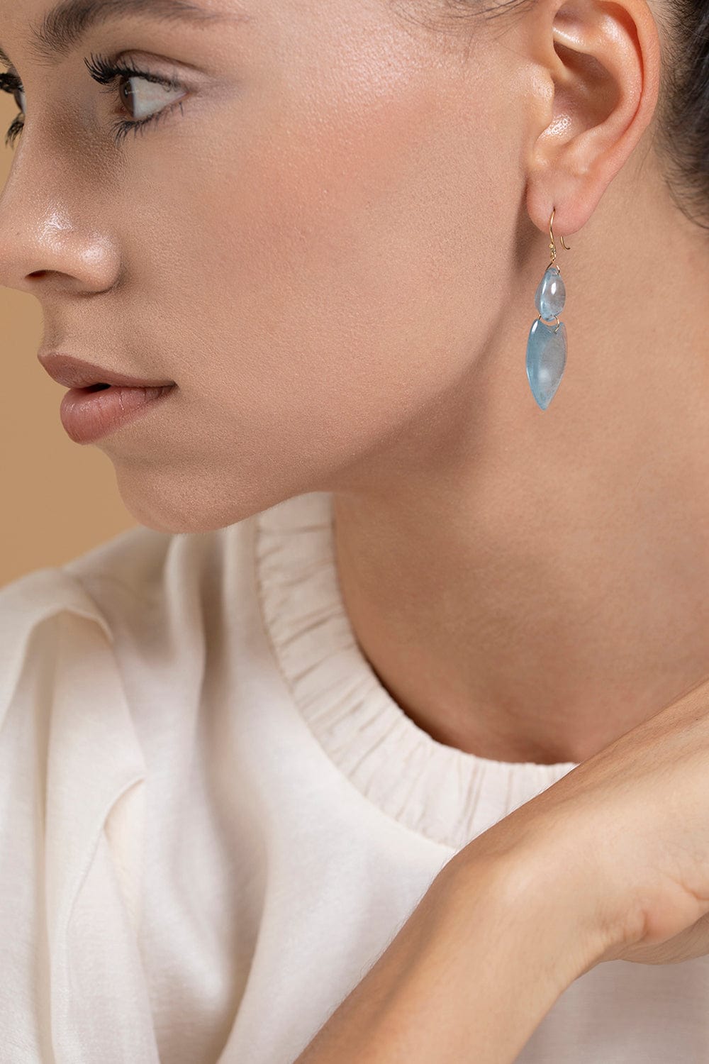 TEN THOUSAND THINGS-Double Heart Aquamarine Earrings-YELLOW GOLD