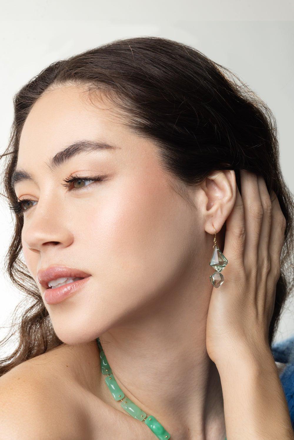 TEN THOUSAND THINGS-Green Amethyst Double Faceted Drop Earrings-YELLOW GOLD