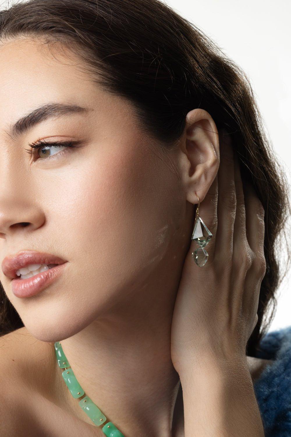 TEN THOUSAND THINGS-Green Amethyst Double Faceted Drop Earrings-YELLOW GOLD
